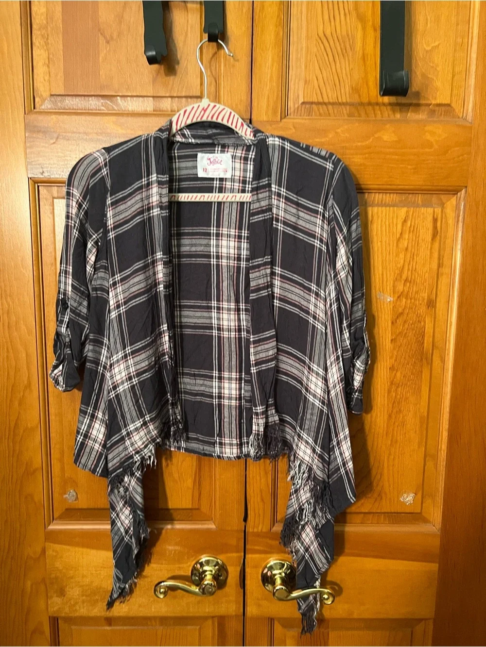 Justice Black Plaid Open-Front Fringe Cardigan